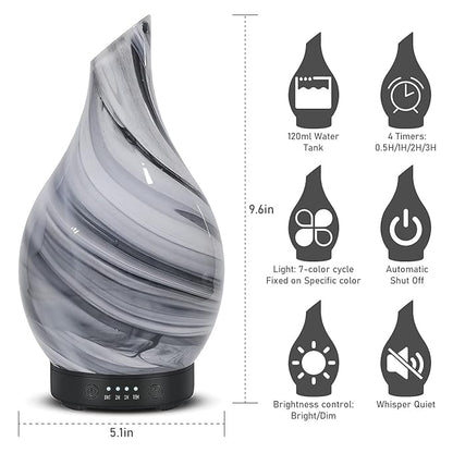 Essential Oil Diffuser 120ml Ultrasonic Aromatherapy Diffuser with Handmade Glass with Auto Shut-Off Protection 4 Timer Setting 7 Colors Changed LED Diffuser for Home Yoga Office Gifts for Women