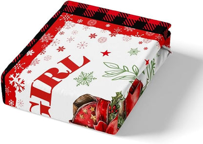 Christmas Cowgirl Bed Sheet Set Western Tribal Boots Red Bowknot Bow Sheet Sets Deep Pocket(No Flat Sheet),Xmas Snowflake Red Black Plaids Patchwork Mattress Cover,Twin with 1 Pillowcase
