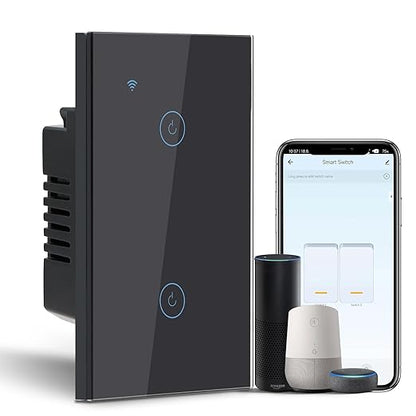 BSEED Smart Light Switch, 2 Gang WiFi Alexa Light Switch with Remote APP Control and Timing Function, Single Pole Black Light Switches Work with Alexa, Google Assistant, Voice Control, Group Control