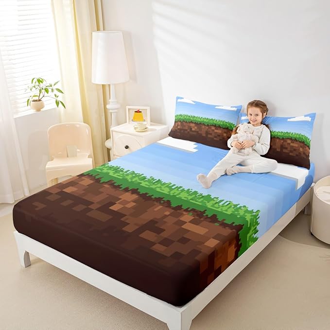 Pixel Game Kids Twin Size Fitted Sheet,Video Games Clouds Blue Sky Boys Girls Bed Sheets,Geometric Lattice Gamepad Room Decor,Blue Brown Bedding Set,1 Pillowcase(No Flat)