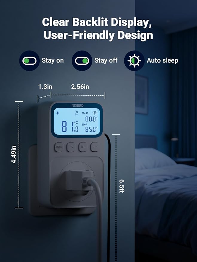 WiFi Temperature Controlled Outlet, Plug in Thermostat Outlet for Space Heater, Duration Timer & Smart Memory Digital Temp Controller, -40℉~212℉, IP67 Waterproof Probe for Incubator, Reptile