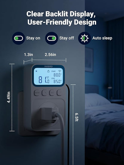WiFi Temperature Controlled Outlet, Plug in Thermostat Outlet for Space Heater, Duration Timer & Smart Memory Digital Temp Controller, -40℉~212℉, IP67 Waterproof Probe for Incubator, Reptile