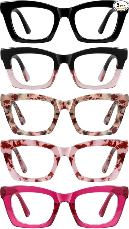 Oprah Reading Glasses for Women-5 Pack Blue Light Blocking Square Fashion Readers with Spring Hinge Computer Eyeglasses(Mix1, 0.00x)