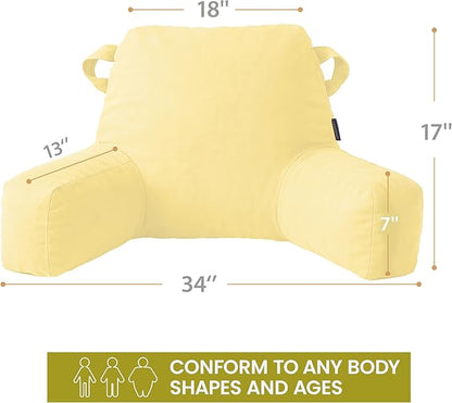 Portable Comfy Reading Pillows for Bed Sitting Up(Yellow Oeko-Tex), Velvet Back Pillow with Arms & Pockets for Adults, Support Memory Foam Bed Pillow for Dorm/Reading/Watching/Gaming