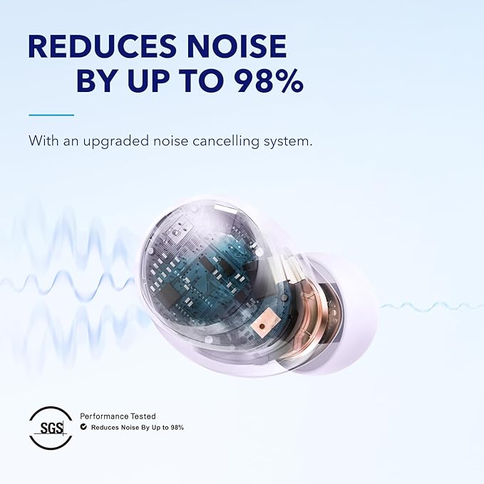 Soundcore by Anker Space A40 Auto-Adjustable Active Noise Cancelling Wireless Earbuds, Reduce Noise by Up to 98%, 50H Playtime, Hi-Res Sound, Comfortable Fit, App Customization(Renewed)