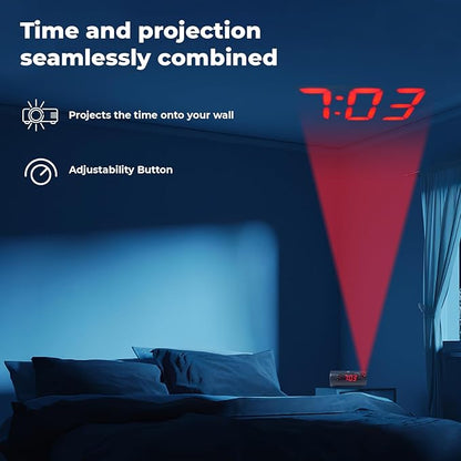 Sonic Blast Digital Alarm Clock – Alarm Clock for Heavy Sleepers – Projection Alarm Clock – Android & iOS Compatible - Bluetooth Speaker, USB Port – AUX Compatible