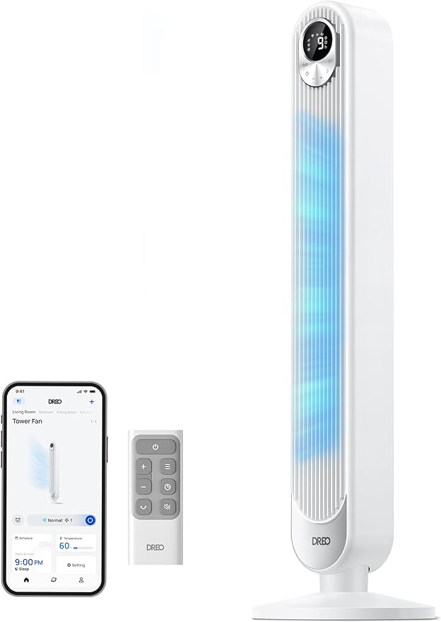 Dreo Smart Tower Fan for Bedroom, Floor Standing Bladeless Oscillating Fan with Remote, 9 Speeds, 4 Modes, 12H Timer, for Indoor Bedroom Home Office, WiFi Voice Control