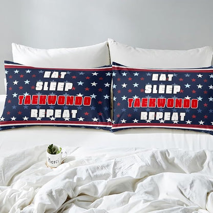 Manfei Taekwondo Fitted Sheet Twin Size, Japanese Style Sports Theme Bedding Set 2pcs, Stars Stripe Print Bed Cover with 1 Pillowcase, Kids Boys Teens Room Decor, Soft Bedding(No Top Sheet)