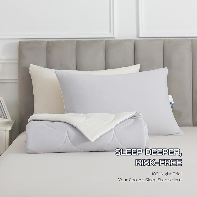 Cooling Blanket for Hot Sleepers - Queen Size Lightweight Breathable Tencel Blend, Double Sided All-Season Comforter, Temperature Regulating & Machine Washable (Grey+White, Queen (90''x90''))