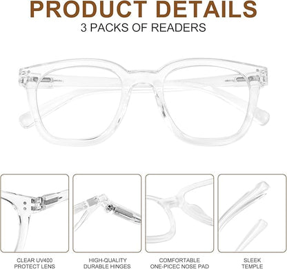 Reading Glasses for Men Women Blue Light Blocking with Spring Hinge, Blocking Readers Anti UV Ray Filter Eyeglasses, Square Computer Reader Glasses, Transparent, +2.5