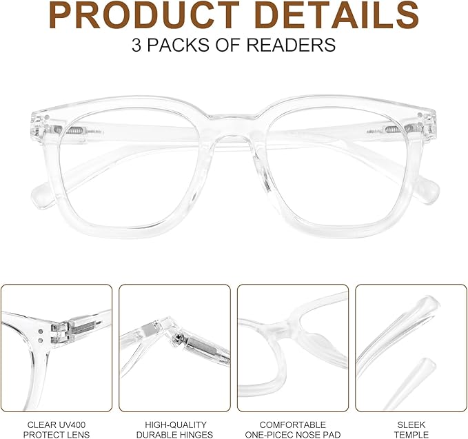 Reading Glasses for Men Women Blue Light Blocking with Spring Hinge, Blocking Readers Anti UV Ray Filter Eyeglasses, Square Computer Reader Glasses, Transparent, +3.5