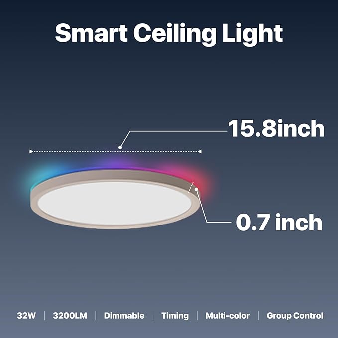 1 Pack Smart RGB Ceiling Light with Remote, 32W 3200LM, 15.8 Inch LED Flush Mount Ceiling Light Works with Alexa Google Home, Dimmable&2700K-6500K, Low Profile Wired Light for Bedroom Kitchen