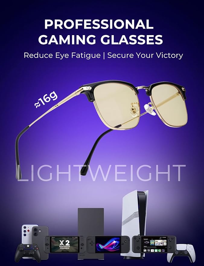 Blue Light Glasses | Men Browline Gaming Glasses | Anti Eye Strain & Migraine Blue Blocker Eyeglasses（Black Gold）