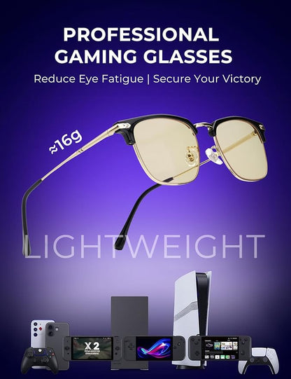 Blue Light Glasses | Men Browline Gaming Glasses | Anti Eye Strain & Migraine Blue Blocker Eyeglasses（Black Gold）