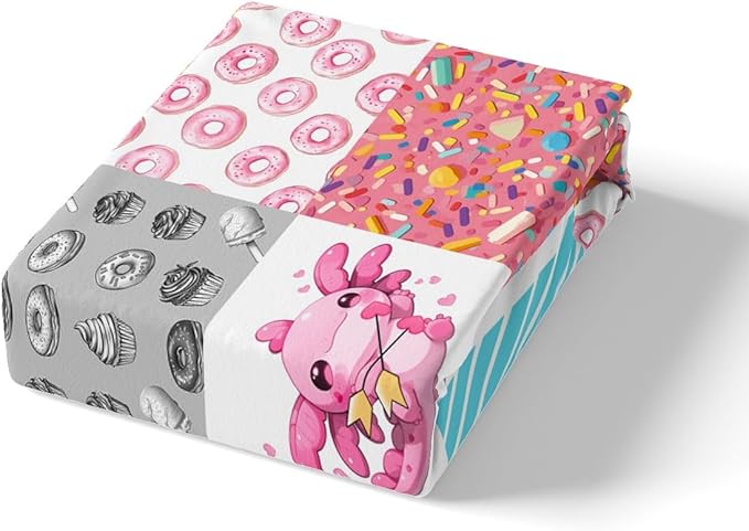 Axolotl Fitted Sheet Queen,Kawaii Donut Animals Splicing Geometric Bed Sheet 3 Pieces Fits Mattress(No Flat Sheet),Pink Blue Sweet Candy Decorative Fabric Bedding All-Round Elastic Pocket