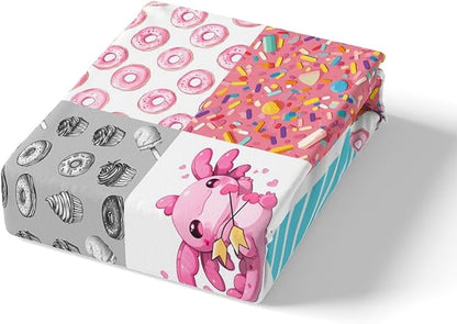 Axolotl Fitted Sheet Queen,Kawaii Donut Animals Splicing Geometric Bed Sheet 3 Pieces Fits Mattress(No Flat Sheet),Pink Blue Sweet Candy Decorative Fabric Bedding All-Round Elastic Pocket