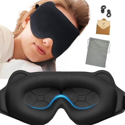 3D Contoured Sleep Mask for Side Sleepers & Travel – 100% Light Blocking Cat-Eye Design, 20mm Deep Eye Cavity & Adjustable Headband | Black Sleep Mask with Earplids, Gift Card & Pouch (Black)