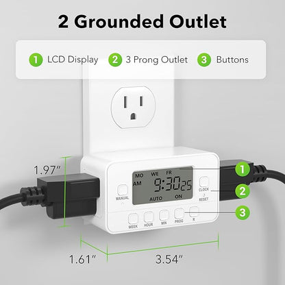 BN-LINK 7-Day Heavy Duty Digital Timer with Dual Outlet, LCD Display, 3-Prong Programmable Design, for Lights, Fans, Coffee Machine, Home, Office, Indoor Use, 125V 15A 1875W, 2 Pack