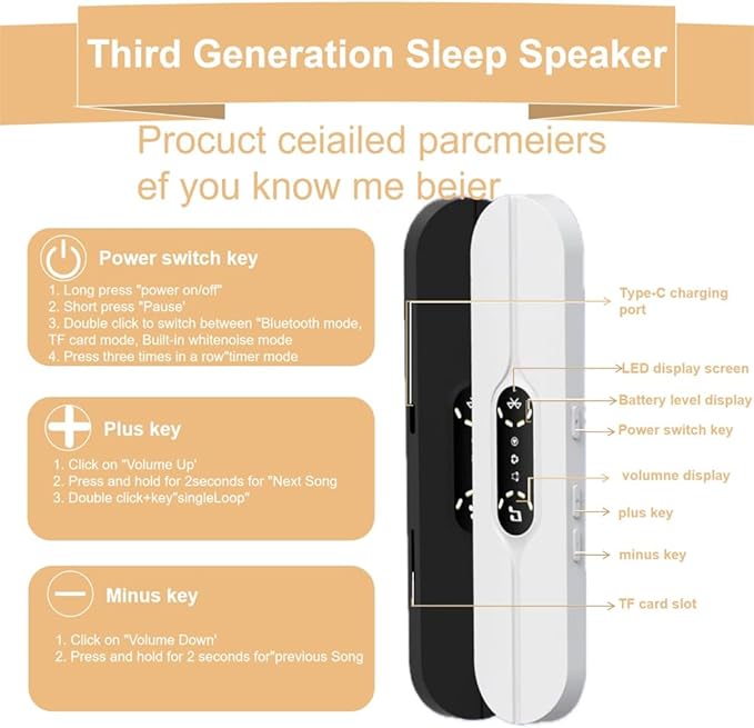 Pillow Speaker for Sleeping, Mini Bone Conduction Portable Sleep Aid with Stereo Bass, Bluetooth Sleep Bar for Deep Sleeping with White Noise, with Volume Control-Supports TF Function