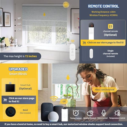 Motorized Blinds with Valance Cover Upgraded Smart Grasscloth Fabric Electric Remote Control Automatic Roller Shades for Windows Work Alexa Google Home, Gray, 24''W x 72''H (SM100)