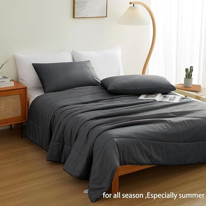 Zaizaihome Natural Bamboo Viscose Comforter Set King Size 3 Pieces, All-Season Soft Breathable Moisture-Wicking Quilt with Matching Pillowcases, Machine Washable, Quilted Fluffy Comforter (Dark Grey)