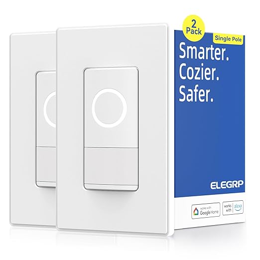 ELEGRP Smart Motion Sensor Switch, 2.4GHz Wi-Fi Single Pole Light Switch Works with Alexa & Google Assistant, APP Remote Control, Neutral Wire Required, UL Certified, No Hub Required (White, 2 Pack)