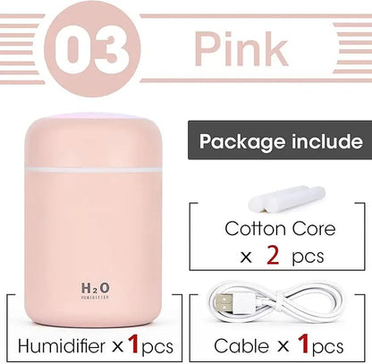 Portable Mini Humidifier, Colorful, Cool Mist, USB Powered. Perfect for Bedroom, Office & Car (300ml, Pink)