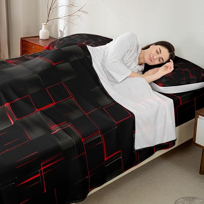 Manfei Abstract Sheet Set King Size, Modern Geometric Square Grid Bedding Set for Kids Boy Girl Room Decor, Red and Black Bed Sheet Set 4pcs with Deep Pocket Fitted Sheet + Flat Sheet + 2 Pillowcases