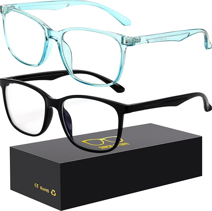 Blue-Light Blocking Glasses Computer Reading/Gaming/TV/Phones Glasses Fashion Anti Eyestrain UV Glasses for Women Men（A6 Black + Blue）