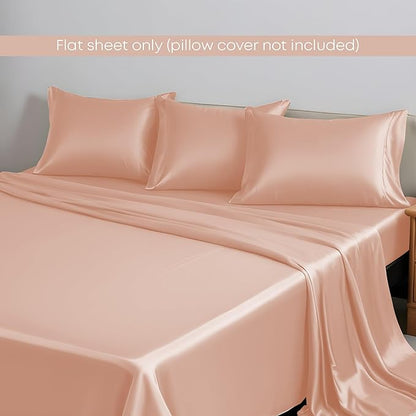 LINENWALAS Queen Flat Sheet Only - Rayon Derived from Bamboo Silk Bed Sheet, Premium Breathable Cooling Sheet, Soft Top Sheet (Queen, Rose Gold)