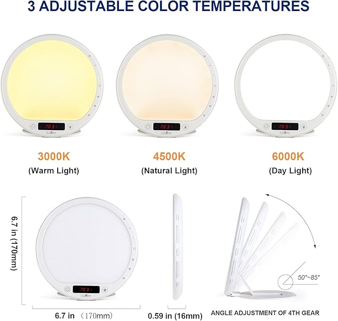 Light Therapy Lamp Sunrise Alarm Clock Wake up lamp 10000 lux UV-Free Sun lamp Bioclock Adjustment APP Control Portable No Built-in Lithium Battery