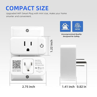 Mini Smart Plug, 15A WiFi Plugs Work with Alexa & Google Assistant, Smart Outlet with Timer & Group Controller, WiFi Outlet for Home, No Hub Required,2.4G WiFi Only, ETL&FCC Approvel, White, 2 Pack