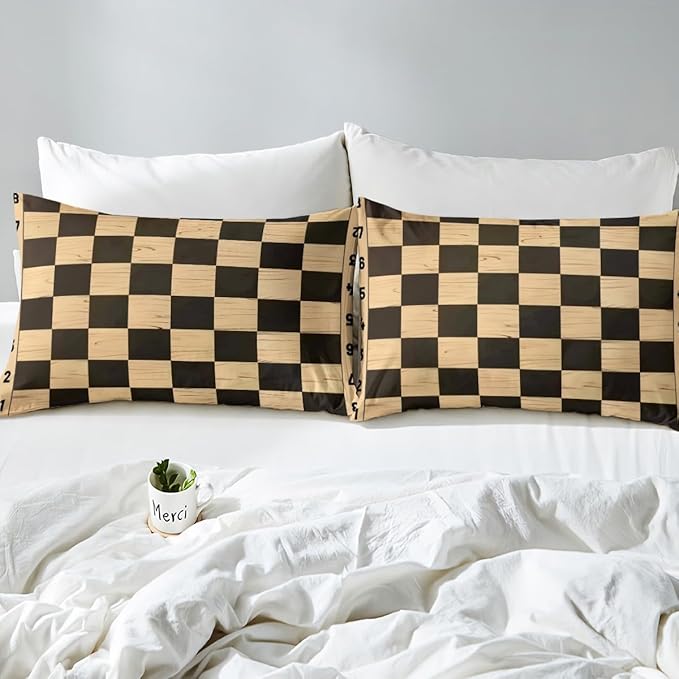 Manfei Geometric Grids Fitted Sheet King Size with 2 Pillowcases,Retro International Chess Chic Sport Game Bed Sheet Set,Brown Wooden Print Checkerboard Plaids Top Flat Sheet Microfiber Breathable