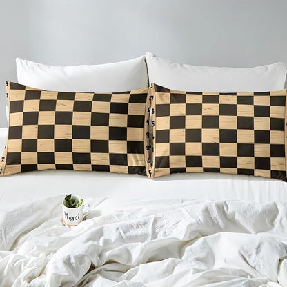 Manfei Geometric Grids Fitted Sheet King Size with 2 Pillowcases,Retro International Chess Chic Sport Game Bed Sheet Set,Brown Wooden Print Checkerboard Plaids Top Flat Sheet Microfiber Breathable