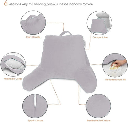 Nestl Reading Pillow for Kids & Teens with Shredded Memory Foam, Backrest Pillows for Reading, Watching, and Gaming, Use on The Couch, Bed, or Floor, Adjustable Support, Washable Cover Grey Lavender