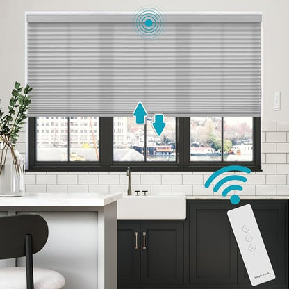 BlindsAvenue Simply Motorized Cellular Shades with Remote Control, Automatic Electric Cordless Wireless Blinds for Indoor Window, Light Filtering Blind, Color: Gray Sheen, Size: 26.5" W x 48" L