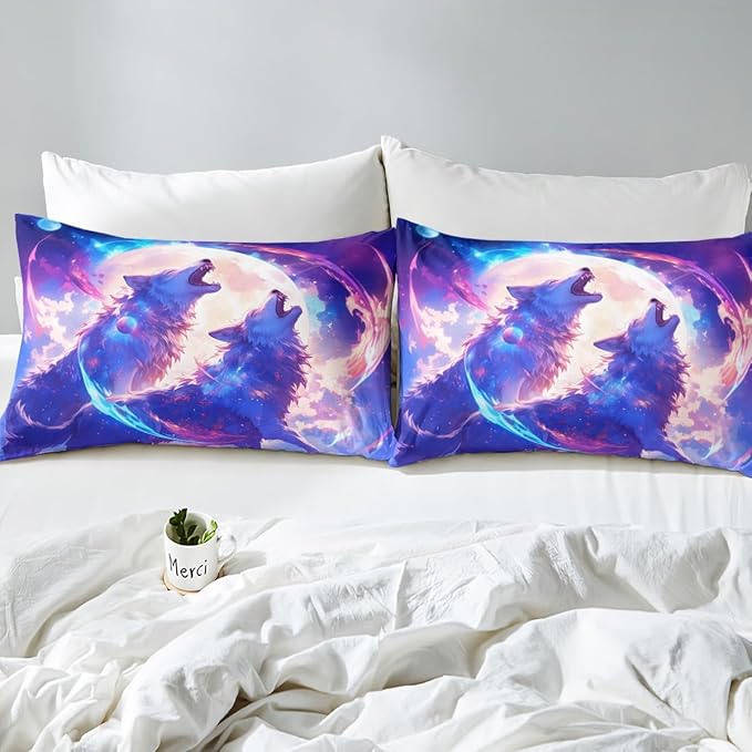 Wolf Kids Fitted Sheet Full Size,Moon Night Starry Sky Bedding Set,Boys Girls Room Decor,Wildlife Rustic Animal Hunting Adventure Bed Cover,Blue Purple Bed Sheet,2 Pillowcases
