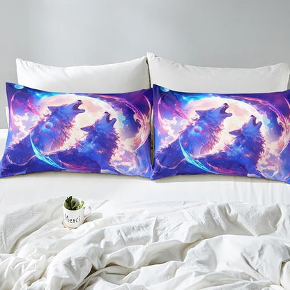 Wolf Kids Fitted Sheet Twin Size,Moon Night Starry Sky Bedding Set,Boys Girls Room Decor,Wildlife Rustic Animal Hunting Adventure Bed Cover,Blue Purple Bed Sheet,1 Pillowcase