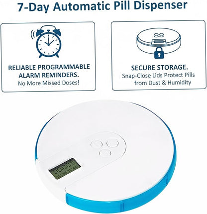 Automatic Pill Dispenser, 7 Day Pill Organizer with Large Digital Display & Alarm, Portable Travel Medicine Box for Vitamins & Medications Blue