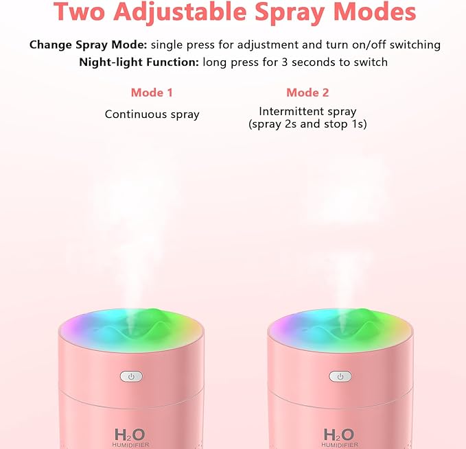 Portable Small Humidifiers for Bedroom Baby, Rechargeable Mini Cool Mist Plant Humidifier for Plants, Quiet Desktop Humidifier with 2 Working Modes & Colorful Night Light for Travel, Office, Bedroom