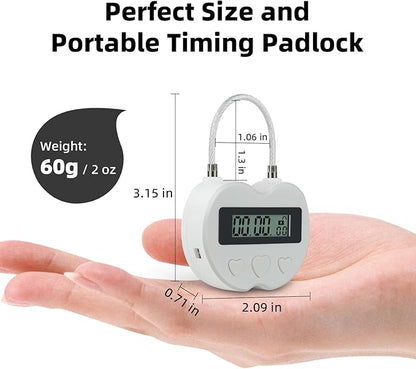 Heart Metal Timer Lock, USB Rechargeable Timer Compact Padlock with 1m Spring Cord, Up to 99 Hours Timed Self-Regulation Anti-Addiction Timer Padlock (White)