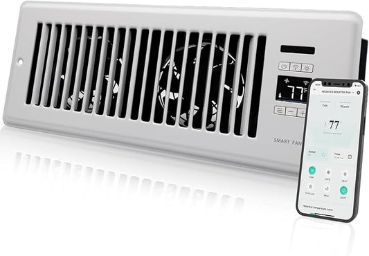 Super Quiet Register Booster Fan for 4" x 12" Register Holes, Smart Vent with Dual Intelligent Thermostat and WIFI App Control, Heating Cooling AC Vent Fan (White)