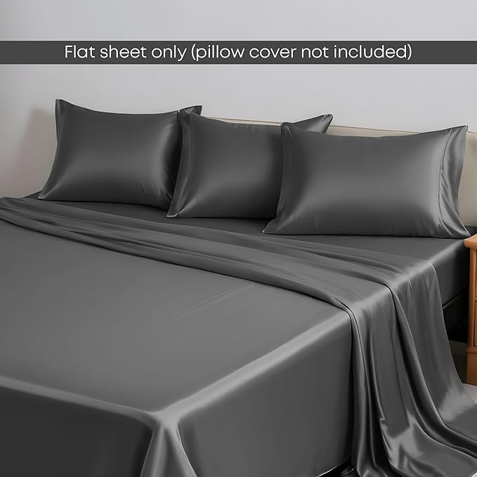 LINENWALAS Queen Flat Sheet Only - Rayon Derived from Bamboo Silk Bed Sheet, Premium Breathable Cooling Sheet, Soft Top Sheet (Queen, Charcoal Grey)