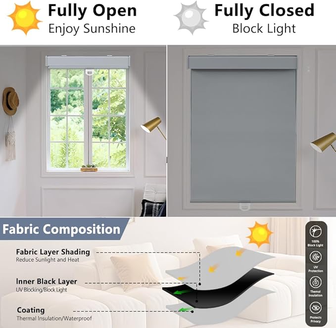 SHADEMOON Blackout Cordless Roller Shades for Windows,Free-Stop System Blind with Valance,Pull Down Room Darkening Indoor Shades,Thermal Insulated UV Blocking Fabric,Home Office(Grey,75" W x 72" H)