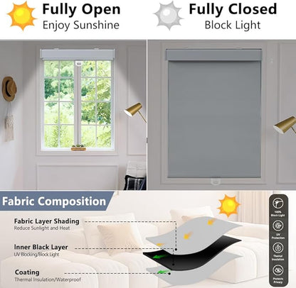 SHADEMOON Blackout Cordless Roller Shades for Windows,Free-Stop System Blind with Valance,Pull Down Room Darkening Indoor Shades,Thermal Insulated UV Blocking Fabric,Home Office(Grey,49" W x 72" H)
