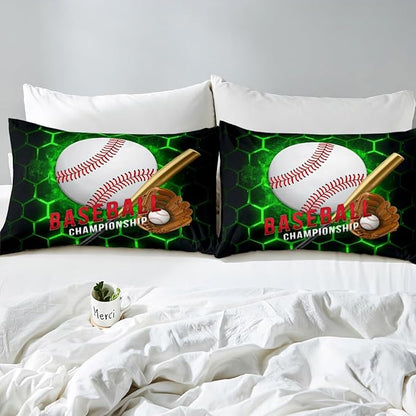Manfei Baseball Sheet Set Full Size, Sports Theme Bed Sheet Set 4pcs with Deep Pocket Fitted Sheet + Flat Sheet + 2 Pillowcases, Green Honeycomb Geometric Bedding Set for Kids Boys Adults Room Decor