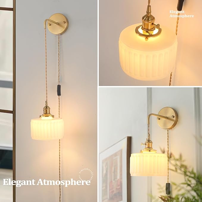 Vintage Wall Sconce with White Striped Glass Shade Hanging Wall Sconce with 4.9FT Plug in Cord, Modern Wall Lamp Fixtures Decor for Bedside Bedroom Indoor Doorway, Set of 2