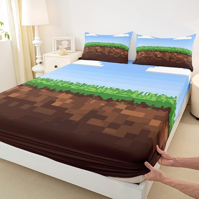 Pixelated Blocks Kids Queen Size Fitted Sheet,Square Video Games Gamepad Room Decor,Geometric Grid Patchwork Boys Girls Bed Sheets,Green Bedding Set,2 Pillowcases(No Flat)