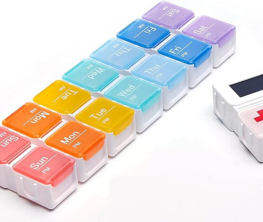 Automatic Pill Dispenser with Built-in Digital Clock & Reminder System Portable 7-Compartment Medicine Organizer with Flexible Design (Multicolor, 14 Compartments2)