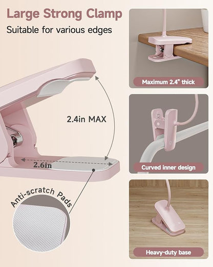 CUHIOY Clip on Reading Light for Bed, Rechargeable Battery Desk Lights, 5 Colour 5 Brightness & Touch Control Headboard Lamp, Large Clamp Lamp with Flexible Neck, Eye Protect LED Bedside Light, Pink